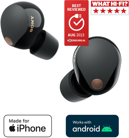 Sony WF-1000XM5 draadloze oortjes close-up – compact design met ANC voor trein en kantoor