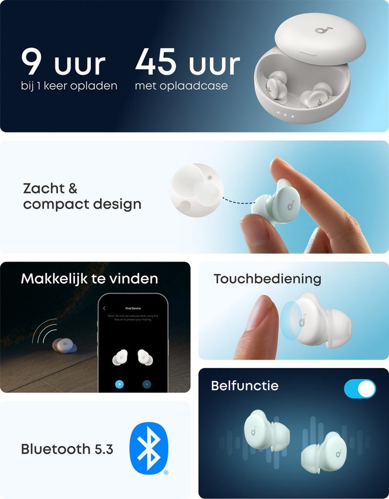 Overzicht van specificaties van de Soundcore Sleep A30, de beste oortjes voor slapen