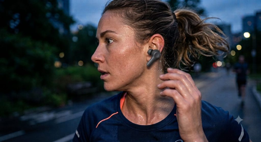 Draadloze oortjes die los in het oor zitten tijdens sporten