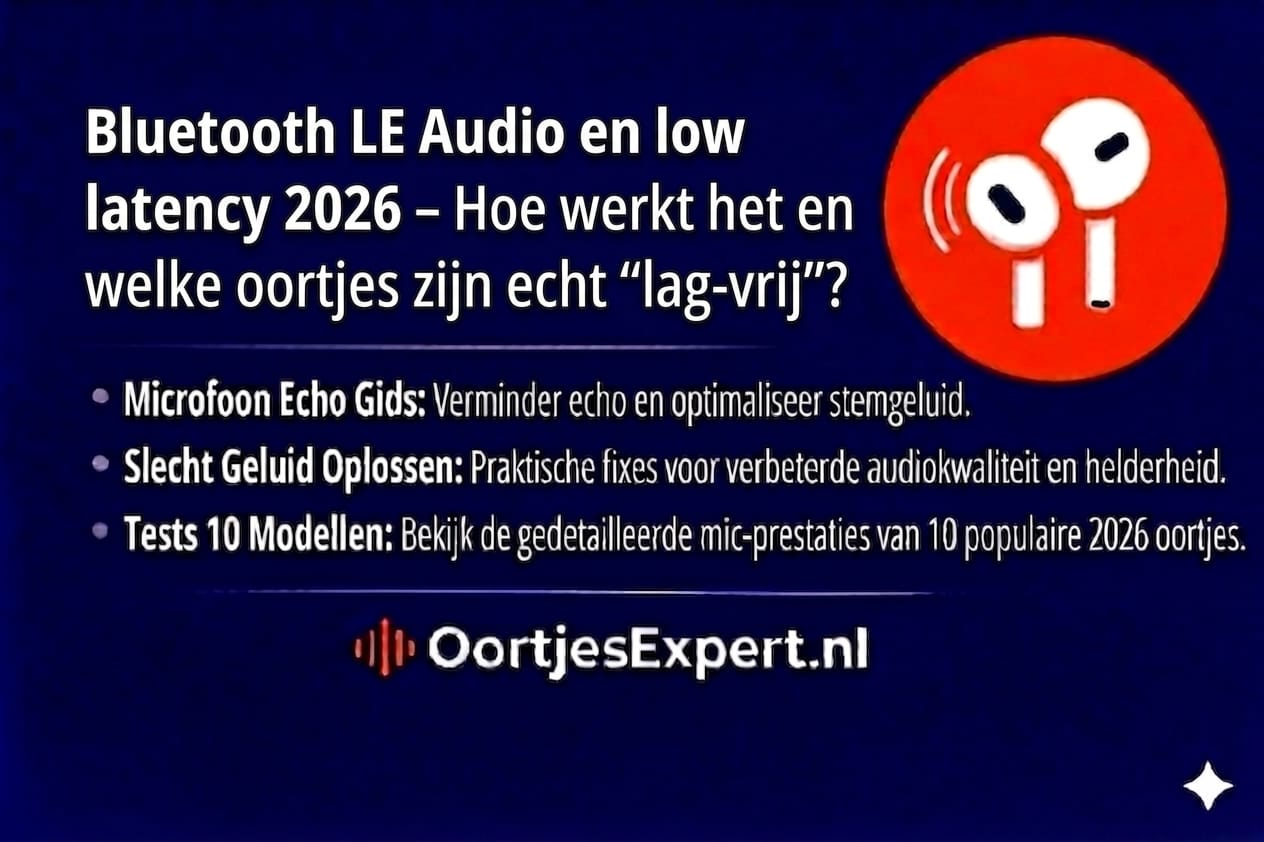 Uitgelichte afbeelding met draadloze oortjes die Bluetooth LE Audio en low latency ondersteunen 2026